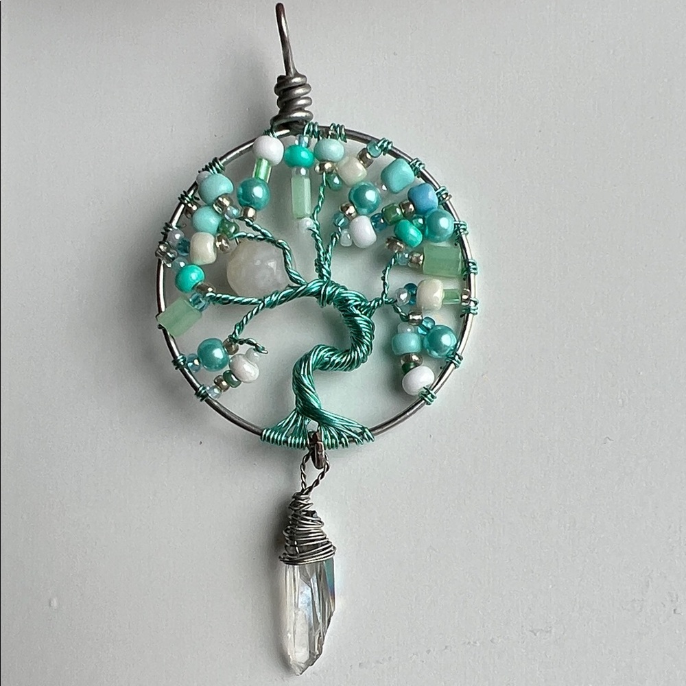 Handmade Turquoise Tree of Life Pendant with Crystal Drop